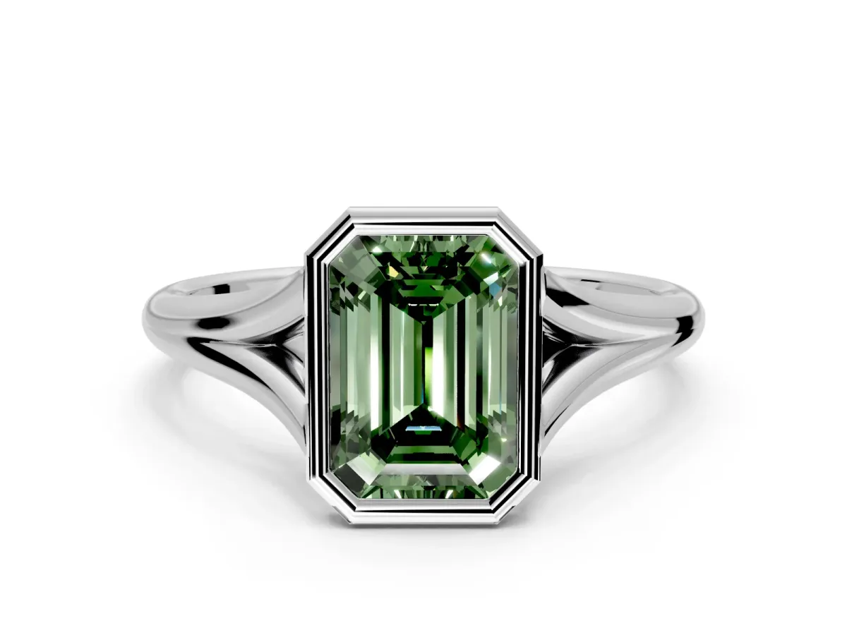 Solitaire Engagement Ring Setting for Fancy Green Emerald Cut Center with V Split Shank and Bezel Head in Platinum
