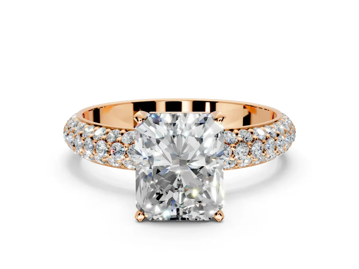 Solitaire Engagement Ring Setting for Radiant Cut Center with Domed Multi-Row Pave Band and Prong Head in Rose Gold