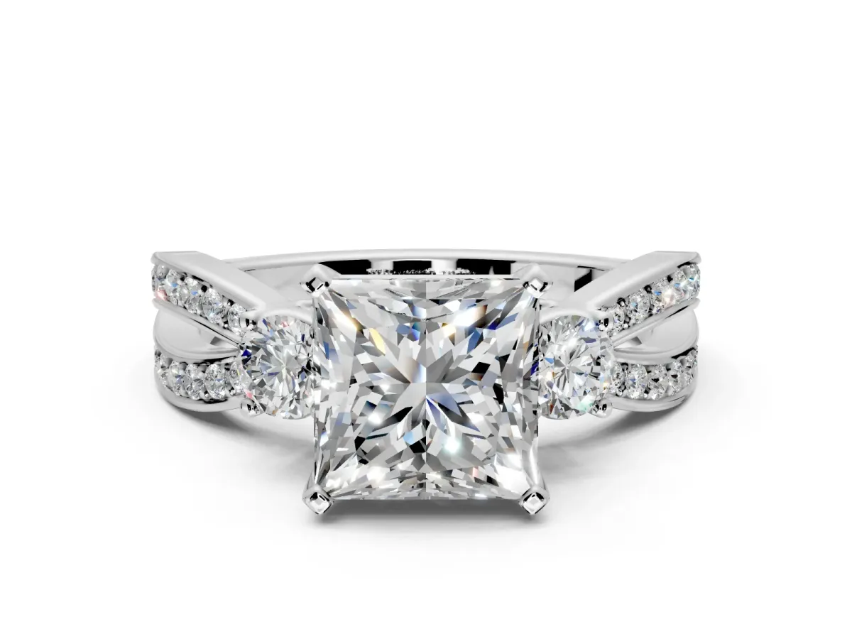 3 Stone Engagement Ring Setting for Princess Cut Center with Pave Twist Band and Prong Head in White Gold
