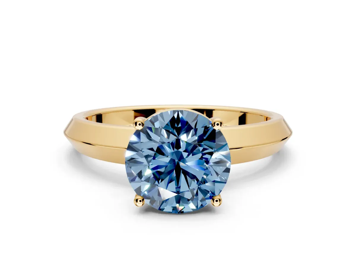 Solitaire Engagement Ring Setting for Fancy Blue Round Cut Center with Wide Knife Ridge Band and Prong Head in Yellow Gold