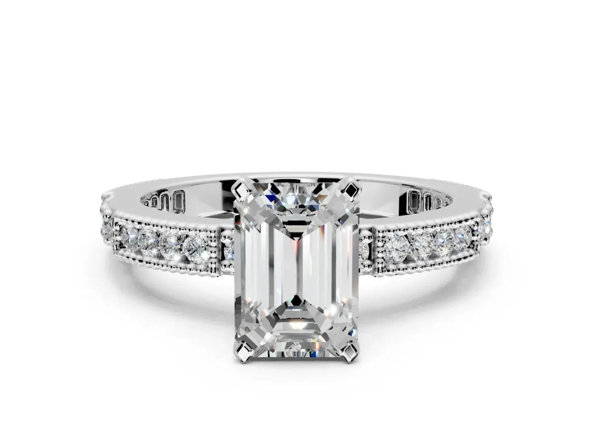 Solitaire Engagement Ring Setting for Emerald Cut Center with Milgrain-Edged Pave Band and Prong Head in Platinum