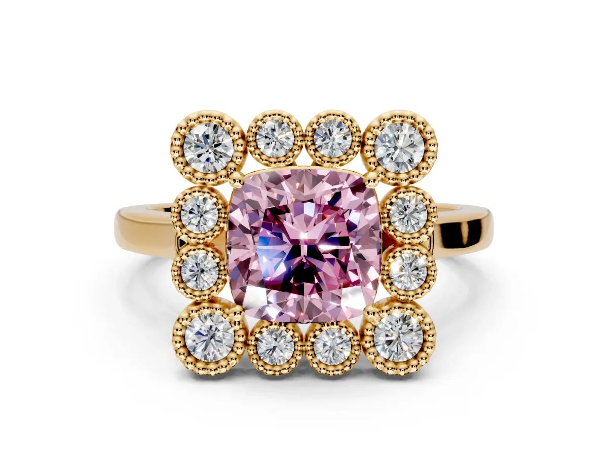 Cluster Halo Engagement Ring Setting for Fancy Pink Cushion Cut Center with Milgrain Bezel Accents and Prong Head in Yellow Gold