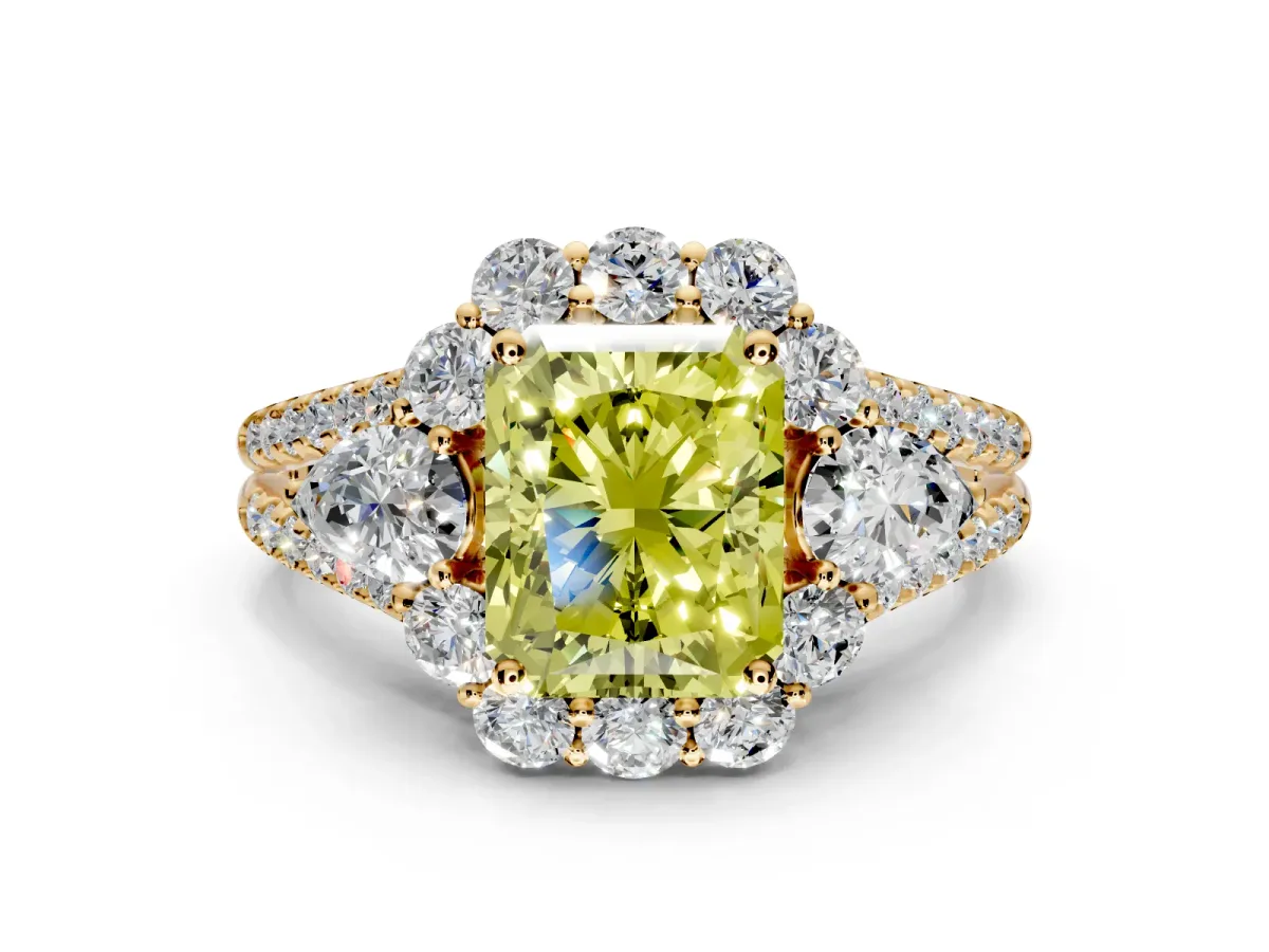 Halo Engagement Ring Setting for Fancy Yellow Radiant Cut Center with Two-Strand Split Shank and Prong Head in Yellow Gold