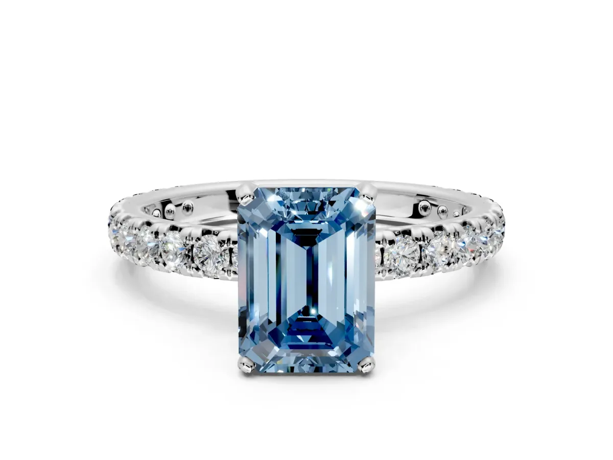 Solitaire Engagement Ring Setting for Fancy Blue Emerald Cut Center with Shared-Prong Accents and Prong Head in White Gold