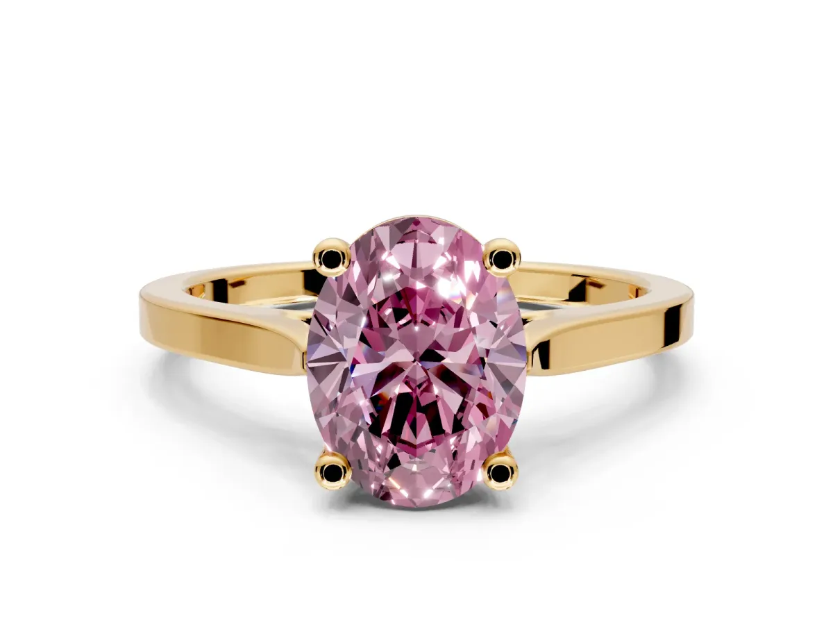 Solitaire Engagement Ring Setting for Fancy Pink Oval Center with Tapered Shoulders and Prong Head in Yellow Gold