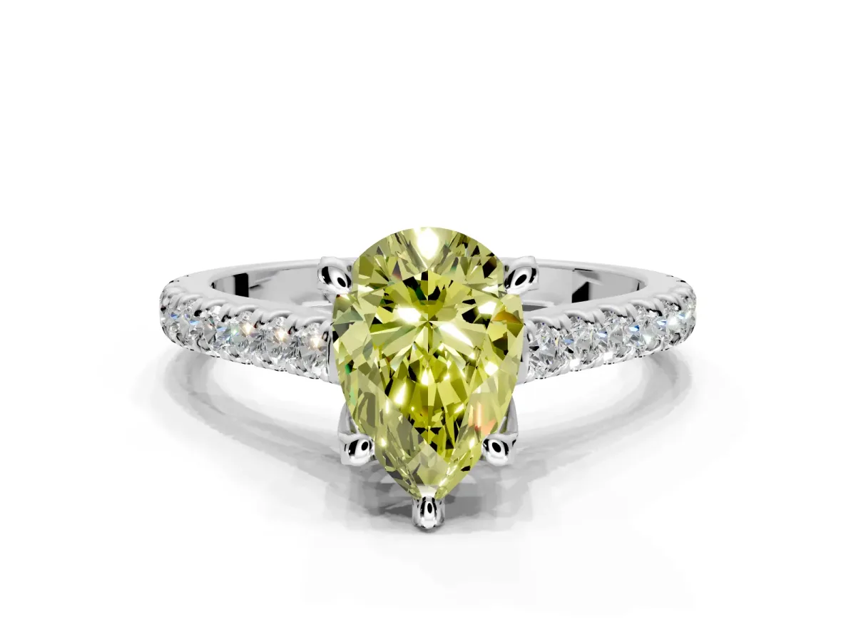 Solitaire Engagement Ring Setting for Fancy Yellow Pear-Shaped Center with Widening Pave Band and Claw Prong Head in Sterling Silver