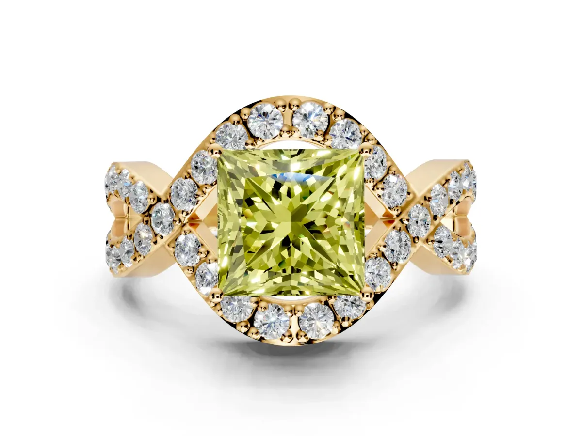Halo Engagement Ring Setting for Fancy Yellow Princess Cut Center with Pave Infinity Twist Band and Prong Head in Yellow Gold