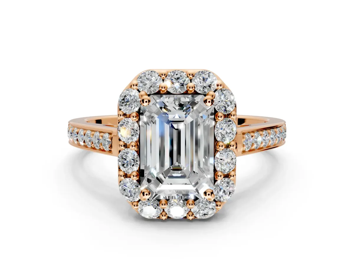 Floral Halo Engagement Ring Setting for Emerald Cut Center with Large Halo Accents and Prong Head in Rose Gold