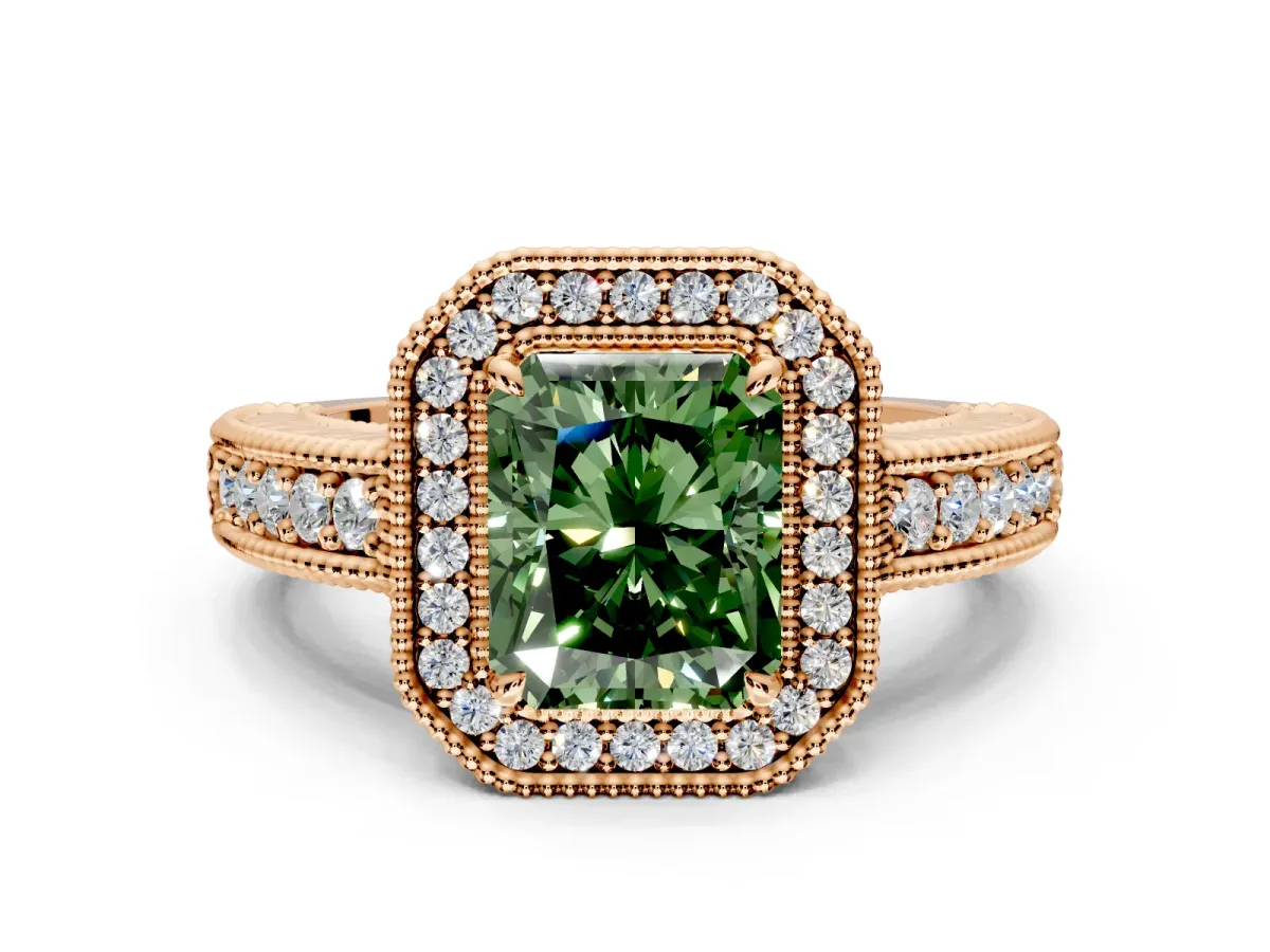 Milgrain Halo Engagement Ring Setting for Fancy Green Radiant Cut Center with Pave Band and Prong Head in Rose Gold