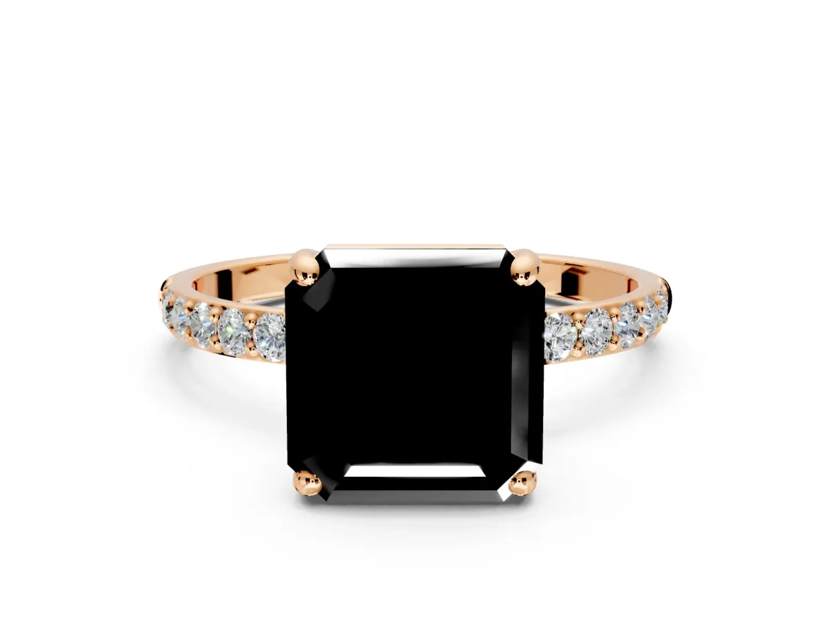Solitaire Engagement Ring Setting for Fancy Black Asscher Cut Center with Pave Accents and Prong Head in Rose Gold