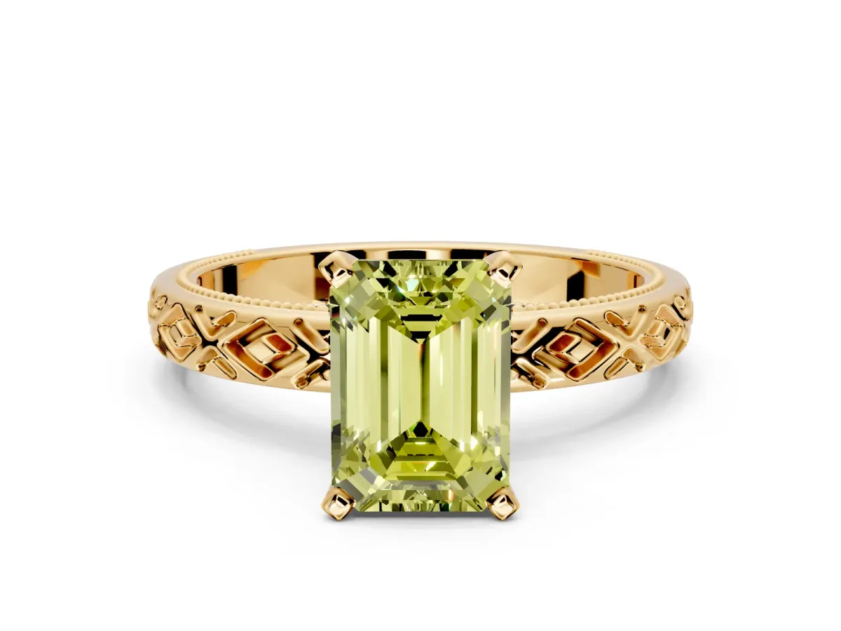Solitaire Engagement Ring Setting for Fancy Yellow Emerald Cut Center with Milgrain X Pattern Band and Prong Head in Yellow Gold