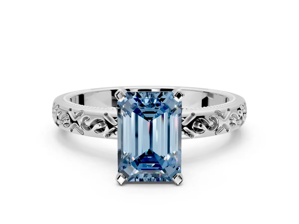 Solitaire Engagement Ring Setting for Fancy Blue Emerald Cut Center with Scrollwork Band and Prong Head in Sterling Silver