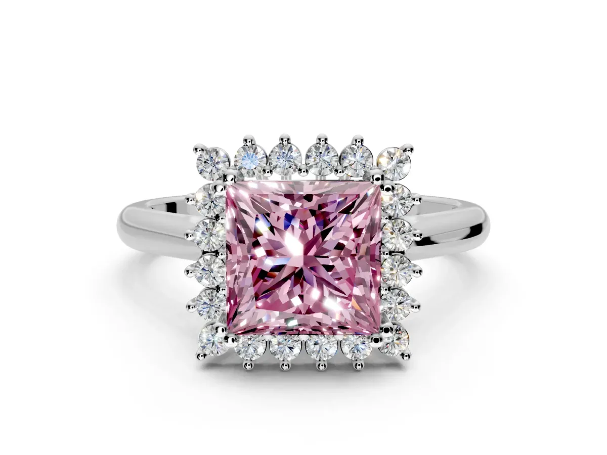Starburst Halo Engagement Ring Setting for Fancy Pink Princess Cut Center with Thin Round-Wire Band and Prong Head in Platinum