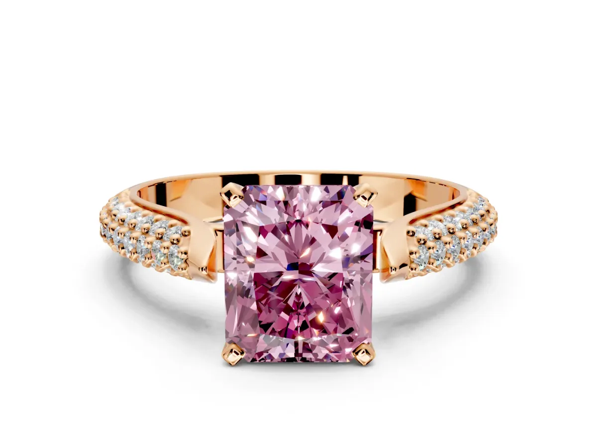 Solitaire Engagement Ring Setting for Fancy Pink Radiant Cut Center with Multi-Row Accents and Prong Head in Rose Gold