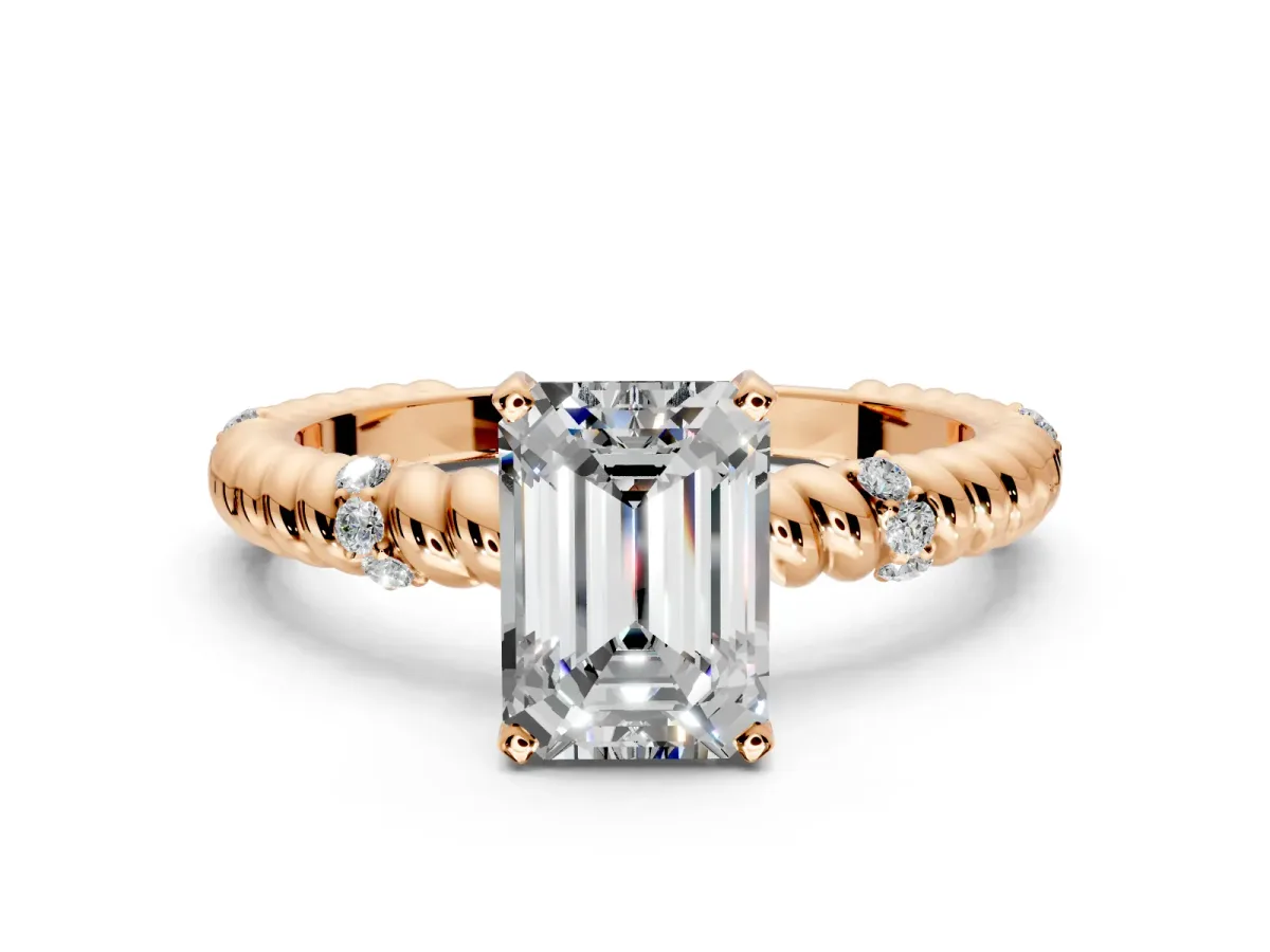 Rope Engagement Ring Setting for Emerald Cut Center with Accent Shoulders and Prong Head in Rose Gold