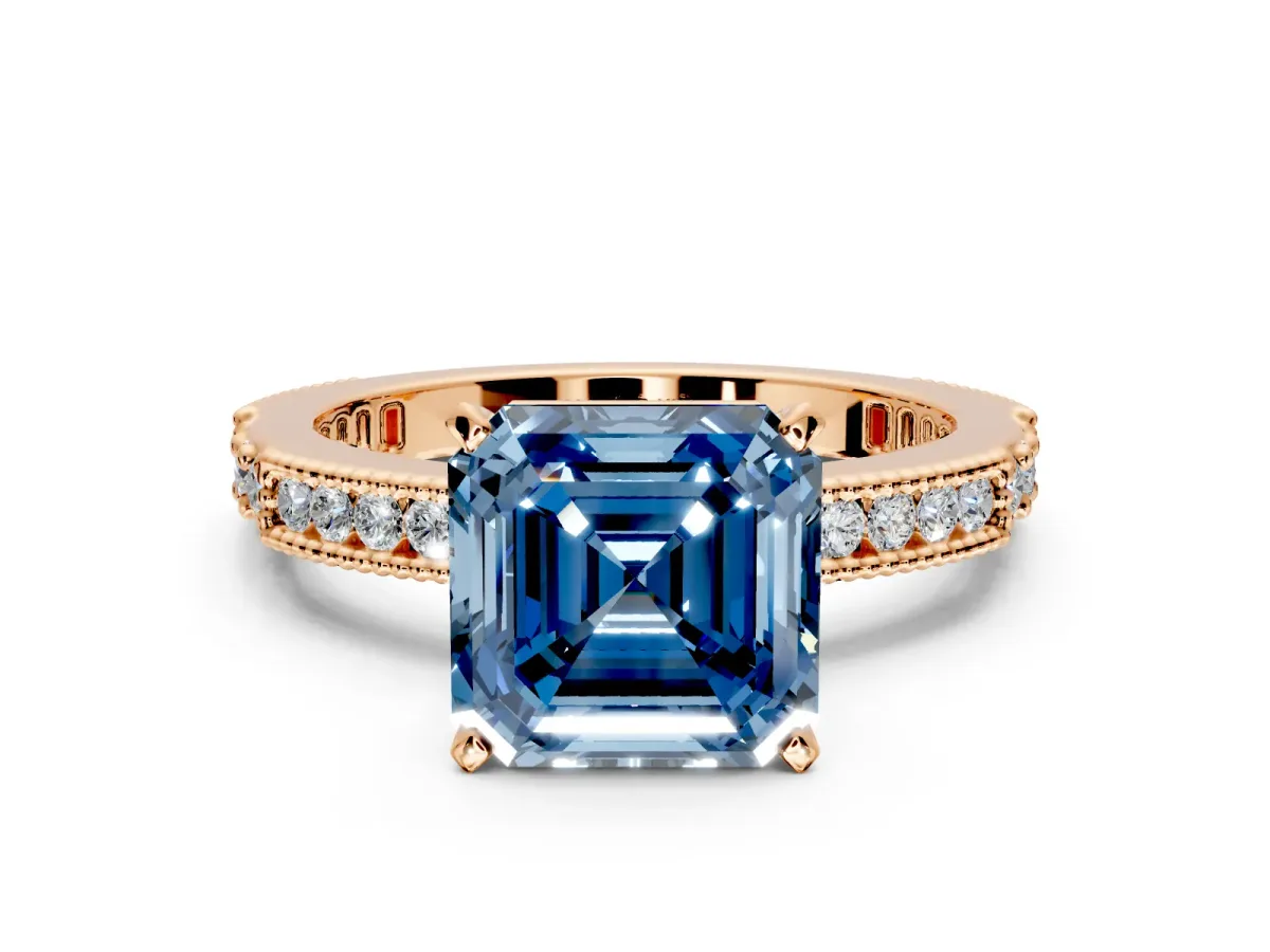 Solitaire Engagement Ring Setting for Fancy Blue Asscher Cut Center with Milgrain-Edged Pave Band and Prong Head in Rose Gold