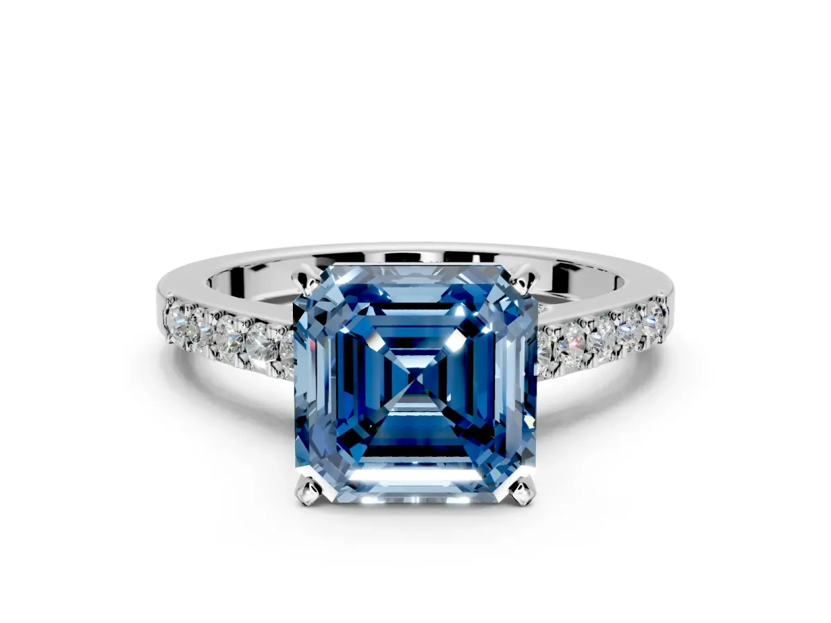 Solitaire Engagement Ring Setting for Fancy Blue Asscher Cut Center with Crossover Accents and Prong Head in Sterling Silver