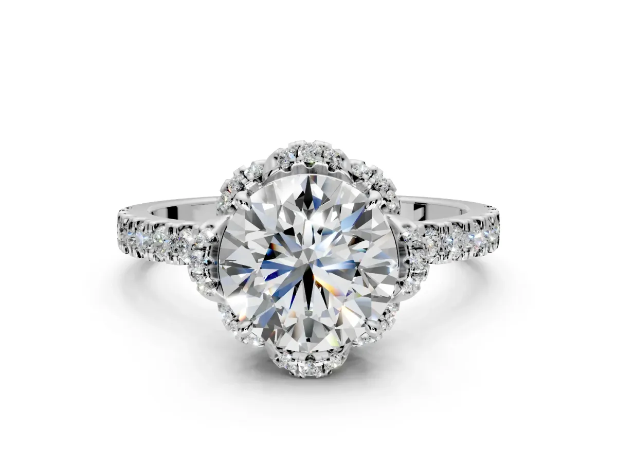 Halo Engagement Ring Setting for Round Cut Center with Openwork Halo, Pave Band and Prong Head in Sterling Silver