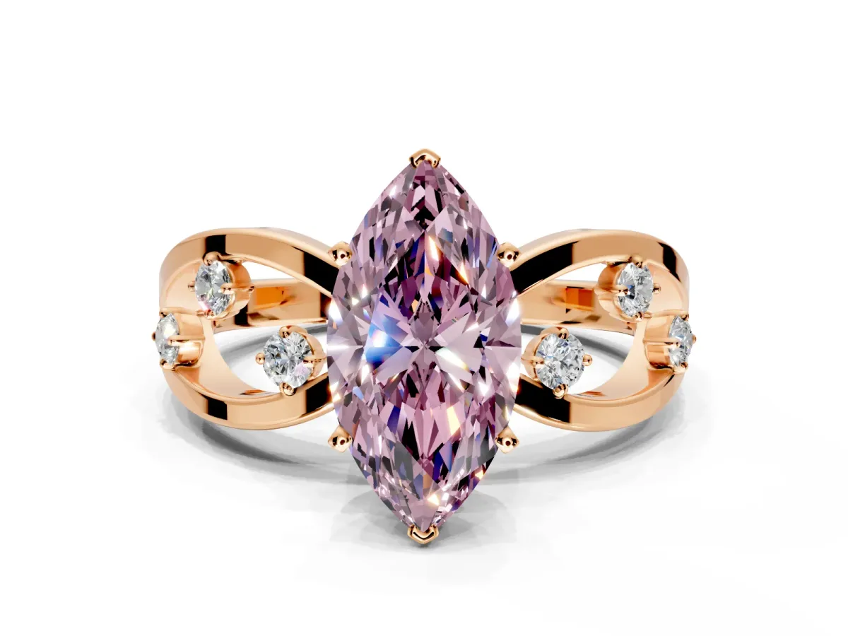 Solitaire Engagement Ring Setting for Fancy Pink Marquise Center with Criss-Cross Accent Band and Prong Head in Rose Gold
