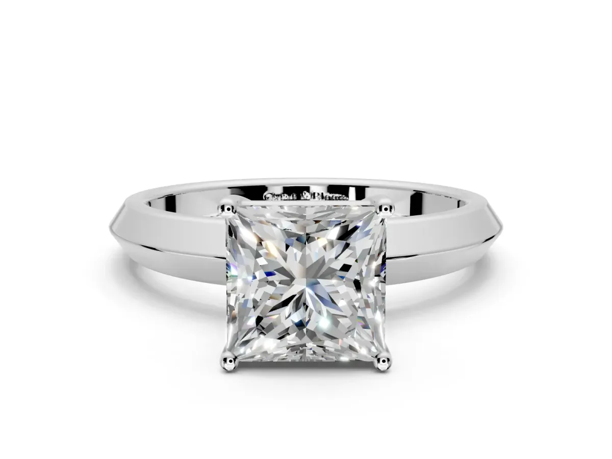 Solitaire Engagement Ring Setting for Princess Cut Center with Wide Knife Ridge Band and Prong Head in Sterling Silver