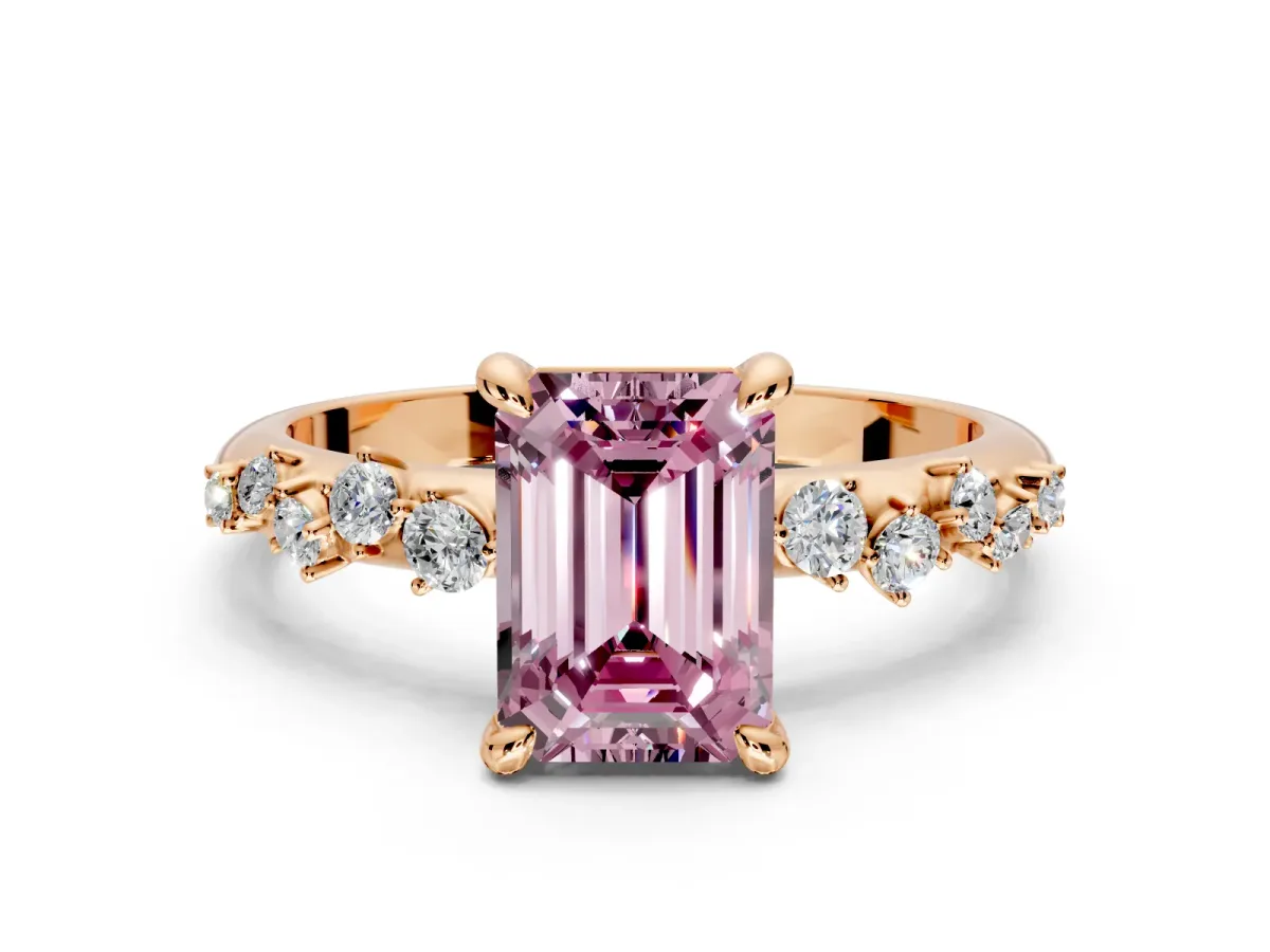 Solitaire Engagement Ring Setting for Fancy Pink Emerald Cut Center with Trailing Leaf Accent Band and Prong Head in Rose Gold