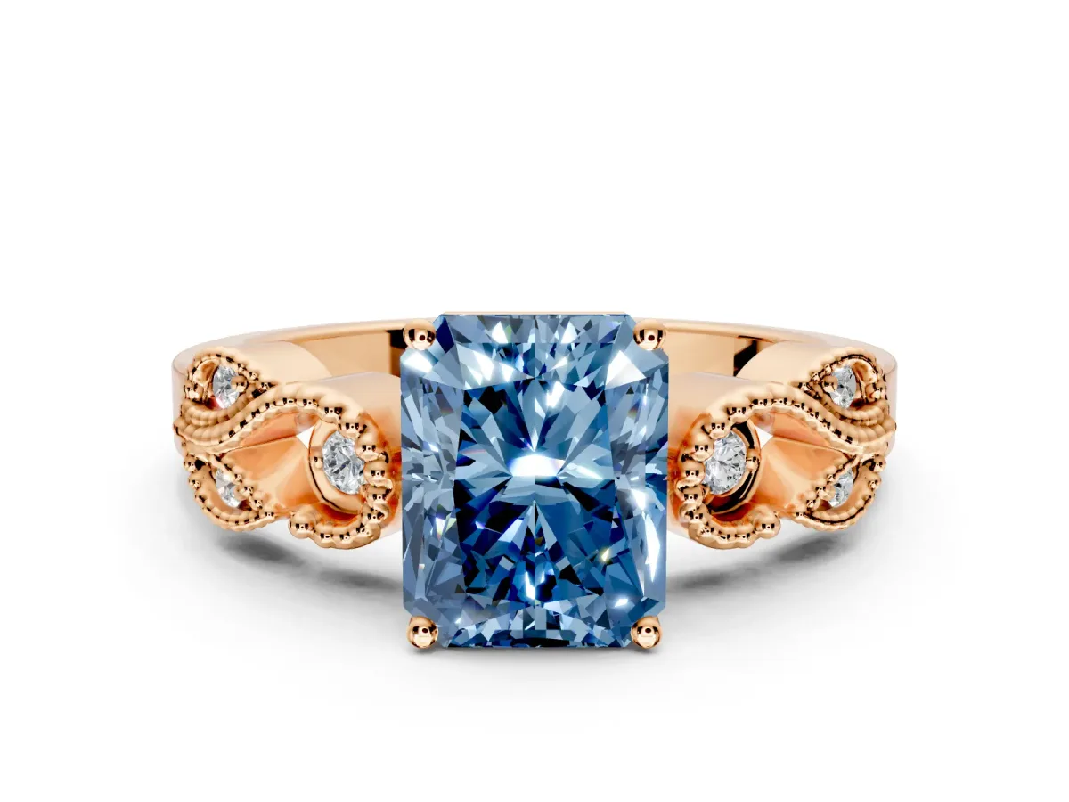 Leaf Engagement Ring Setting for Fancy Blue Radiant Cut Center with Milgrain Accent Band and Prong Head in Rose Gold