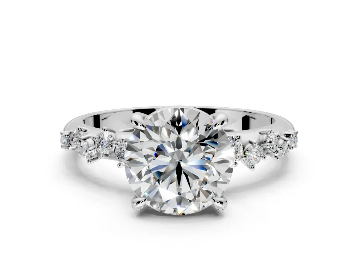 Solitaire Engagement Ring Setting for Round Cut Center with Trailing Leaf Accent Band and Prong Head in Platinum