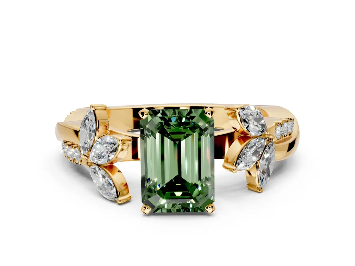 Floral Engagement Ring Setting for Fancy Green Emerald Cut Center with Trailing Marquise Accents and Prong Head in Yellow Gold