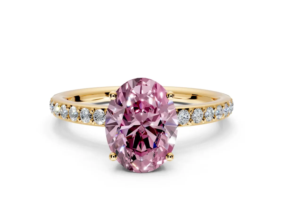 Solitaire Engagement Ring Setting for Fancy Pink Oval Center with Fine Pave Band and Prong Head in Yellow Gold