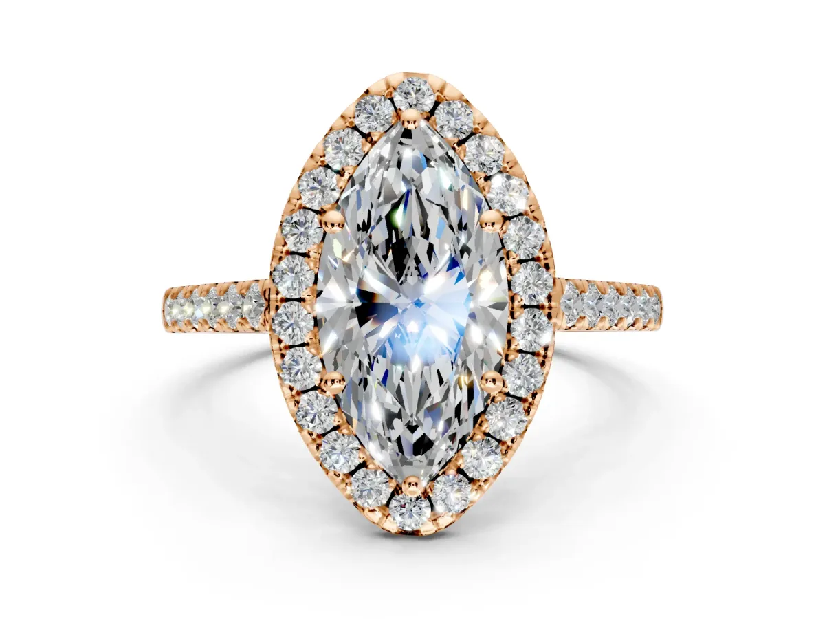 Halo Engagement Ring Setting for Marquise Center with Narrowing Pave Band and Prong Head in Rose Gold