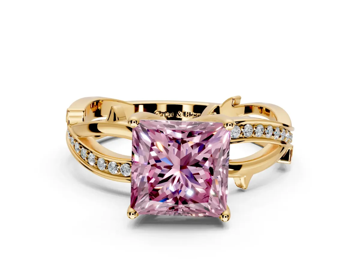 Solitaire Engagement Ring Setting for Fancy Pink Princess Cut Center with Pave and Plain Crossover Band and Prong Head in Yellow Gold