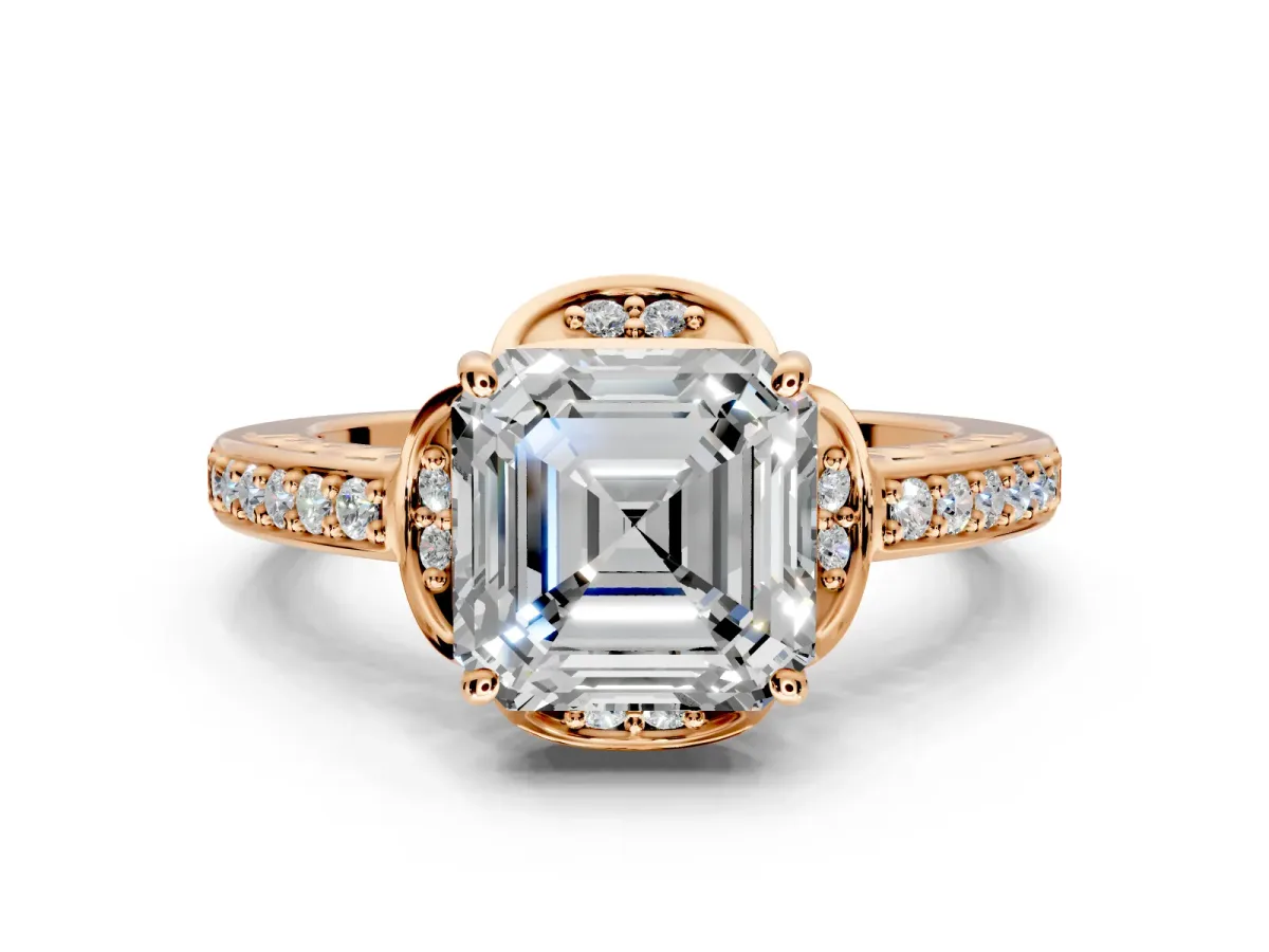 Floral Engagement Ring Setting for Asscher Cut Center with Four Accent Clusters and Prong Head in Rose Gold