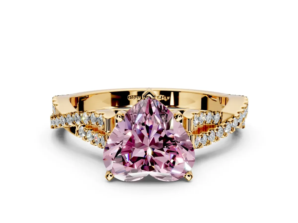 Solitaire Engagement Ring Setting for Fancy Pink Heart-Shaped Center with Twisted Pave Split Shank and Prong Head in Yellow Gold