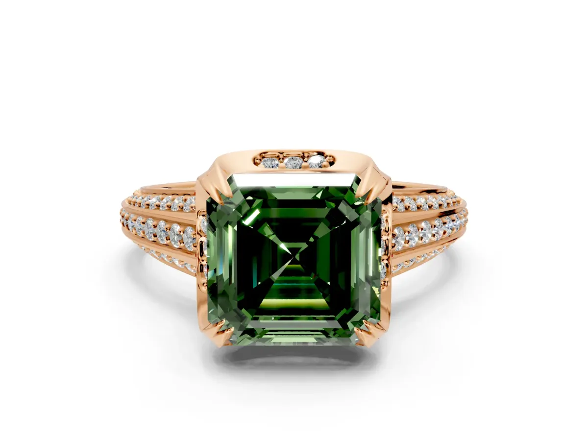 Solitaire Engagement Ring Setting for Fancy Green Asscher Cut Center with Accented Split Shank and Prong Head in Rose Gold