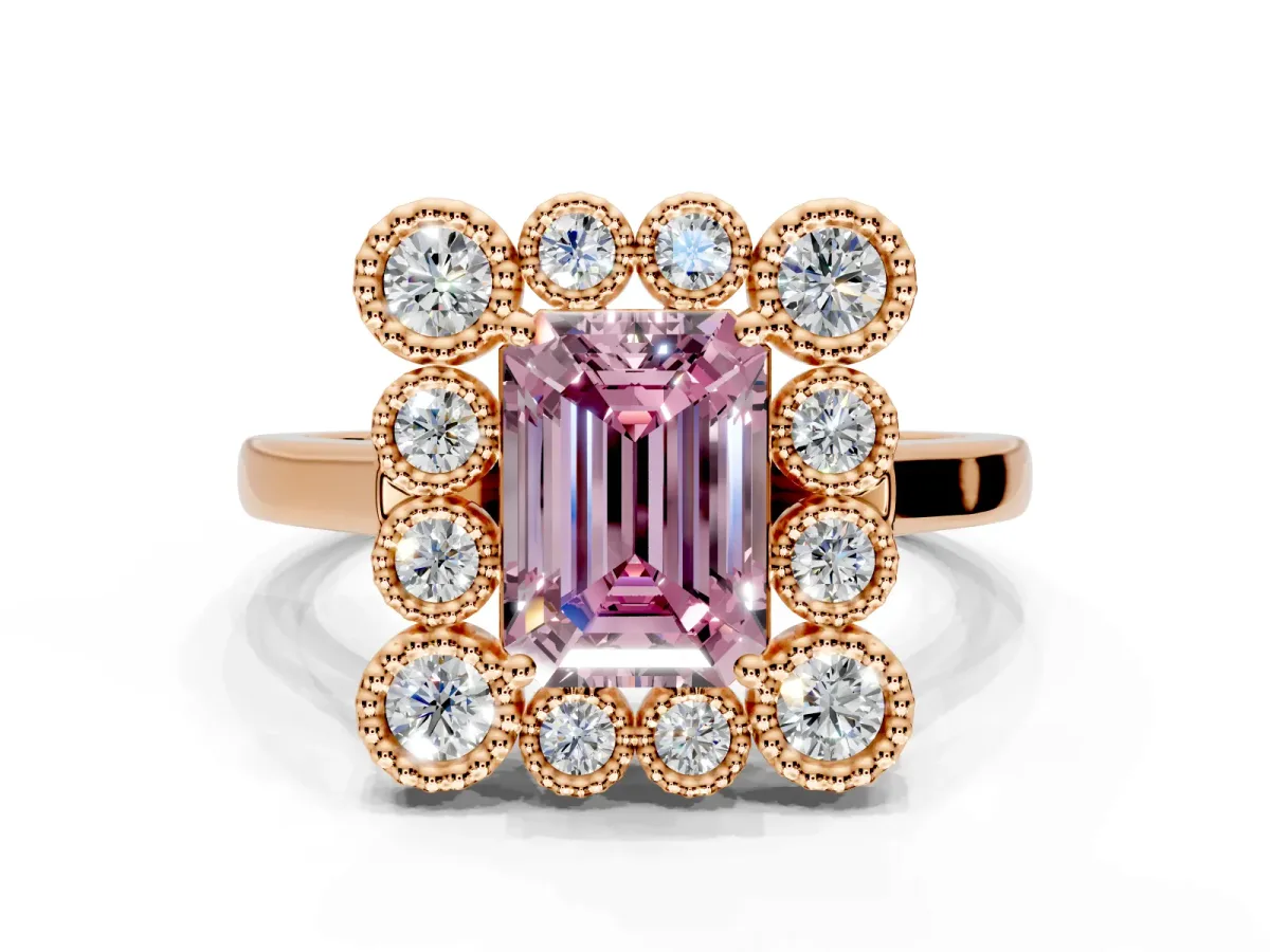 Cluster Halo Engagement Ring Setting for Fancy Pink Emerald Cut Center with Milgrain Bezel Accents and Prong Head in Rose Gold