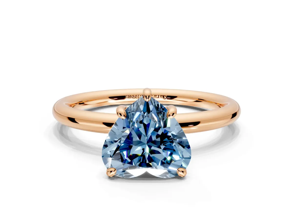 Low-Set Solitaire Engagement Ring Setting for Fancy Blue Heart-Shaped Center with Thin Plain Band and Prong Head in Rose Gold