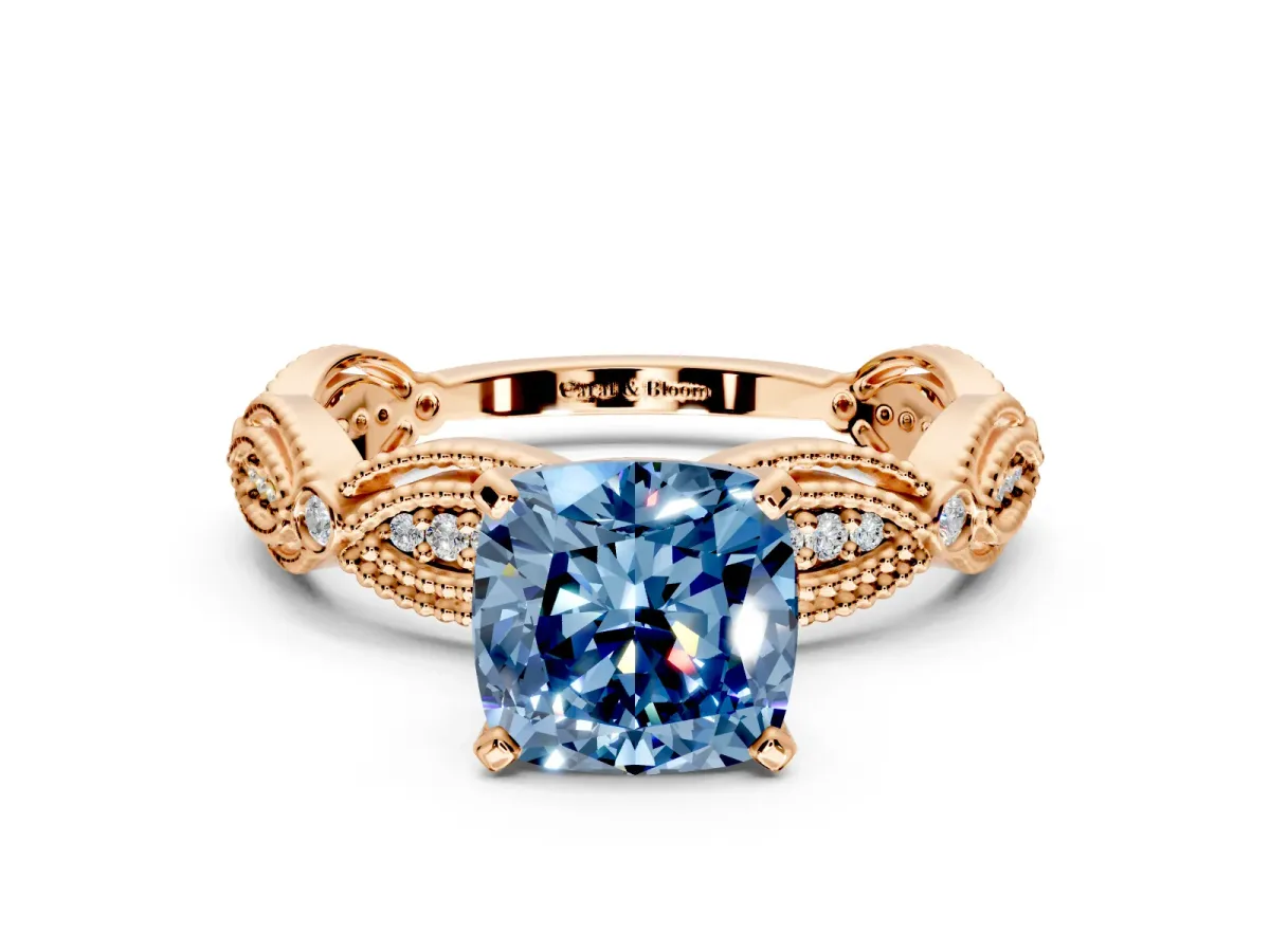 Solitaire Engagement Ring Setting for Fancy Blue Cushion Cut Center with Marquise Panel Band and Prong Head in Rose Gold