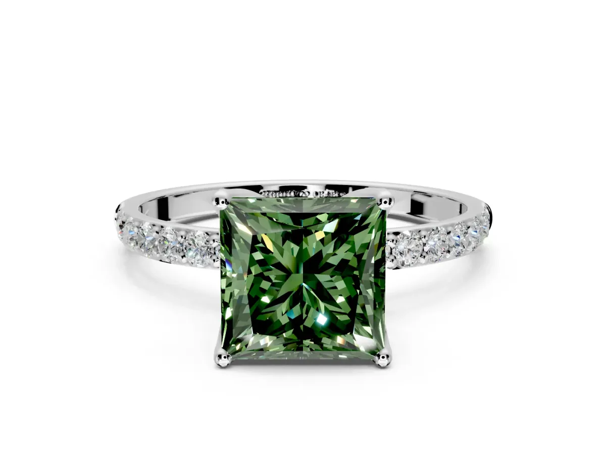 Solitaire Engagement Ring Setting for Fancy Green Princess Cut Center with Fine Pave Accents and Prong Head in White Gold