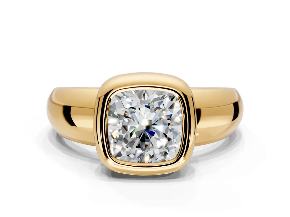 Solitaire Engagement Ring Setting for Cushion Cut Center with Wide Band and Bezel Head in Yellow Gold