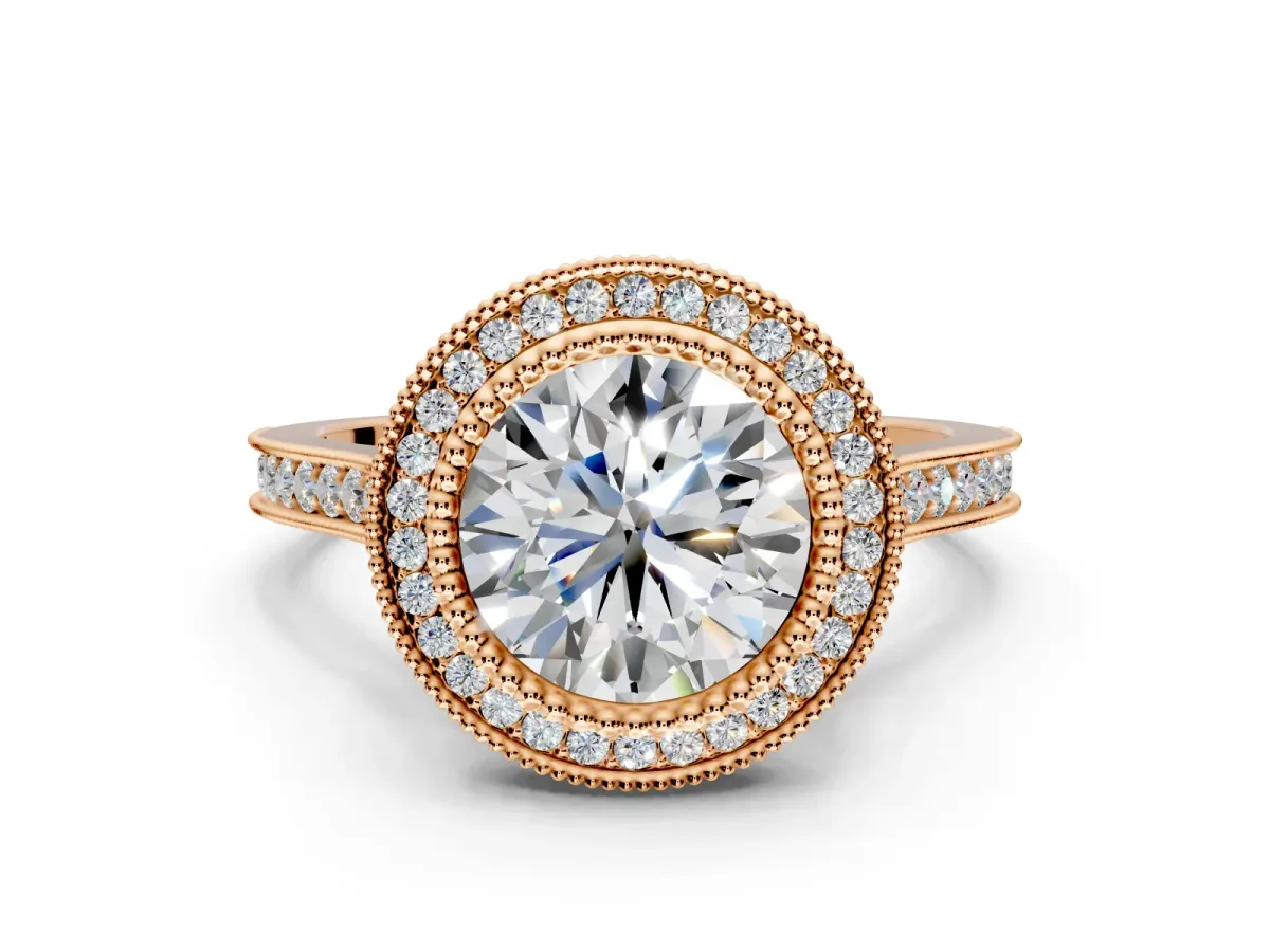 Halo Engagement Ring Setting for Round Cut Center with Milgrain Frame, Pave Band and Prong Head in Rose Gold