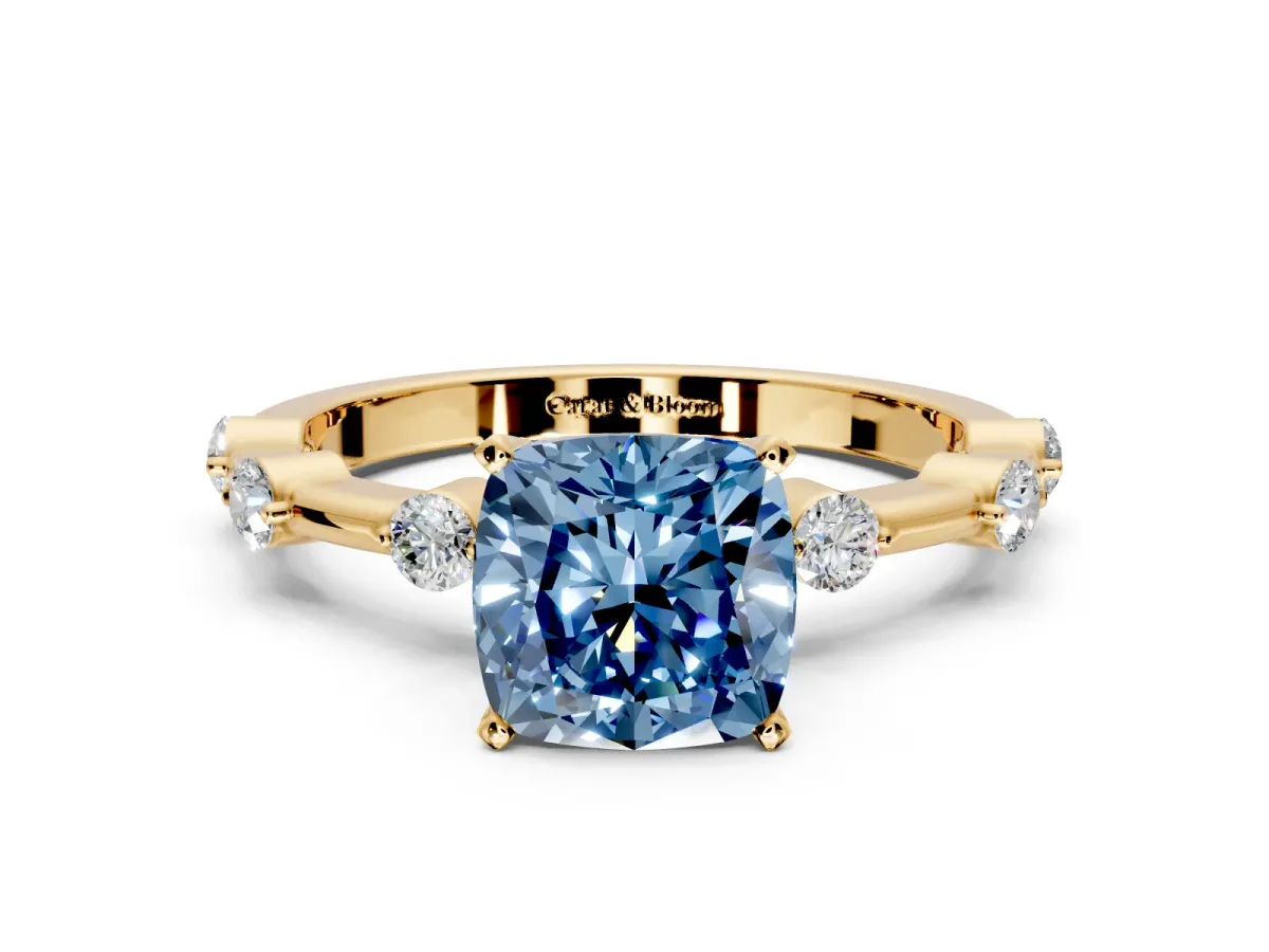 Solitaire Engagement Ring Setting for Fancy Blue Cushion Cut Center with Bezel Station Band and Prong Head in Yellow Gold
