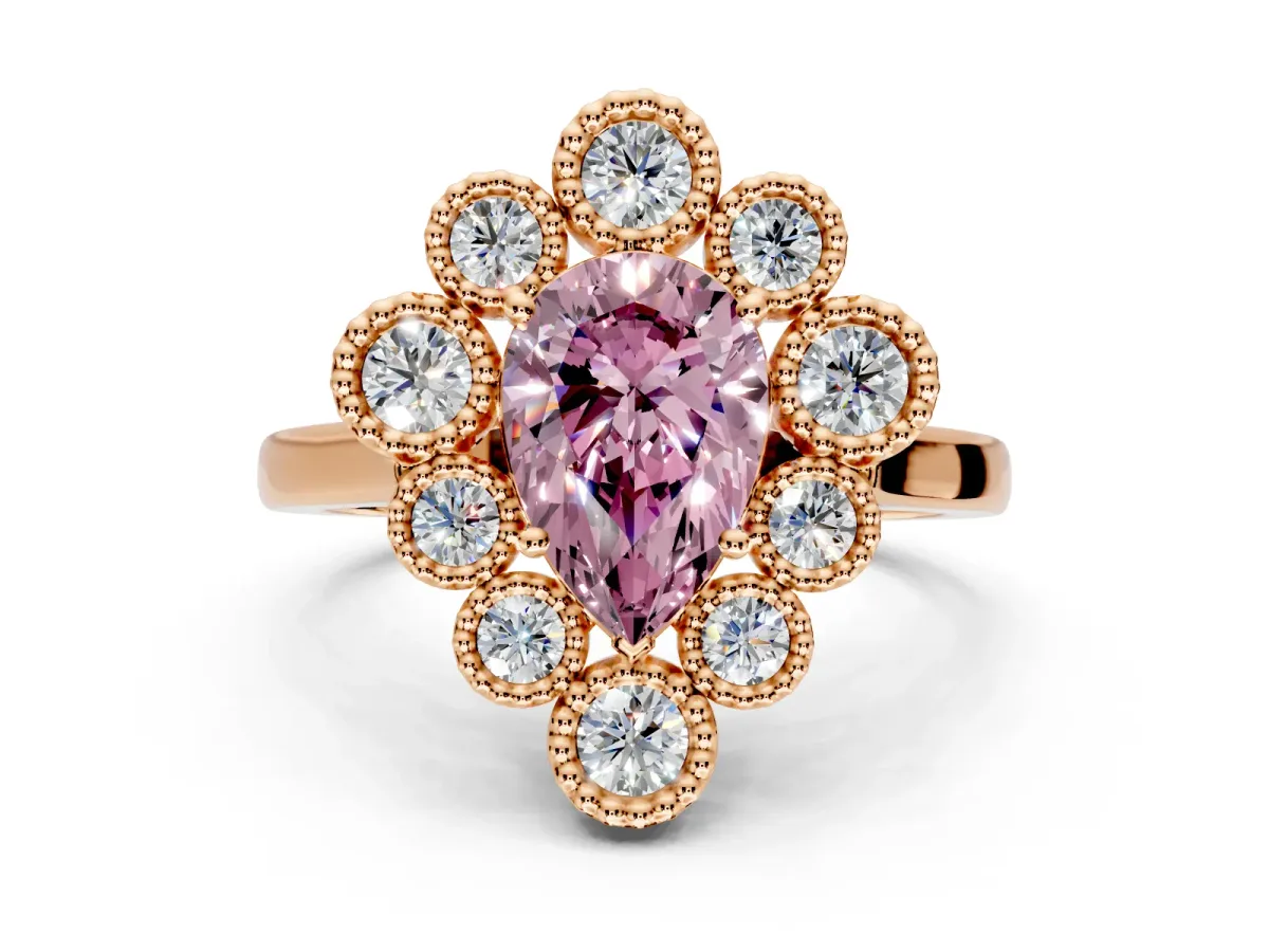 Cluster Halo Engagement Ring Setting for Fancy Pink Pear-Shaped Center with Milgrain Bezel Accents and Prong Head in Rose Gold