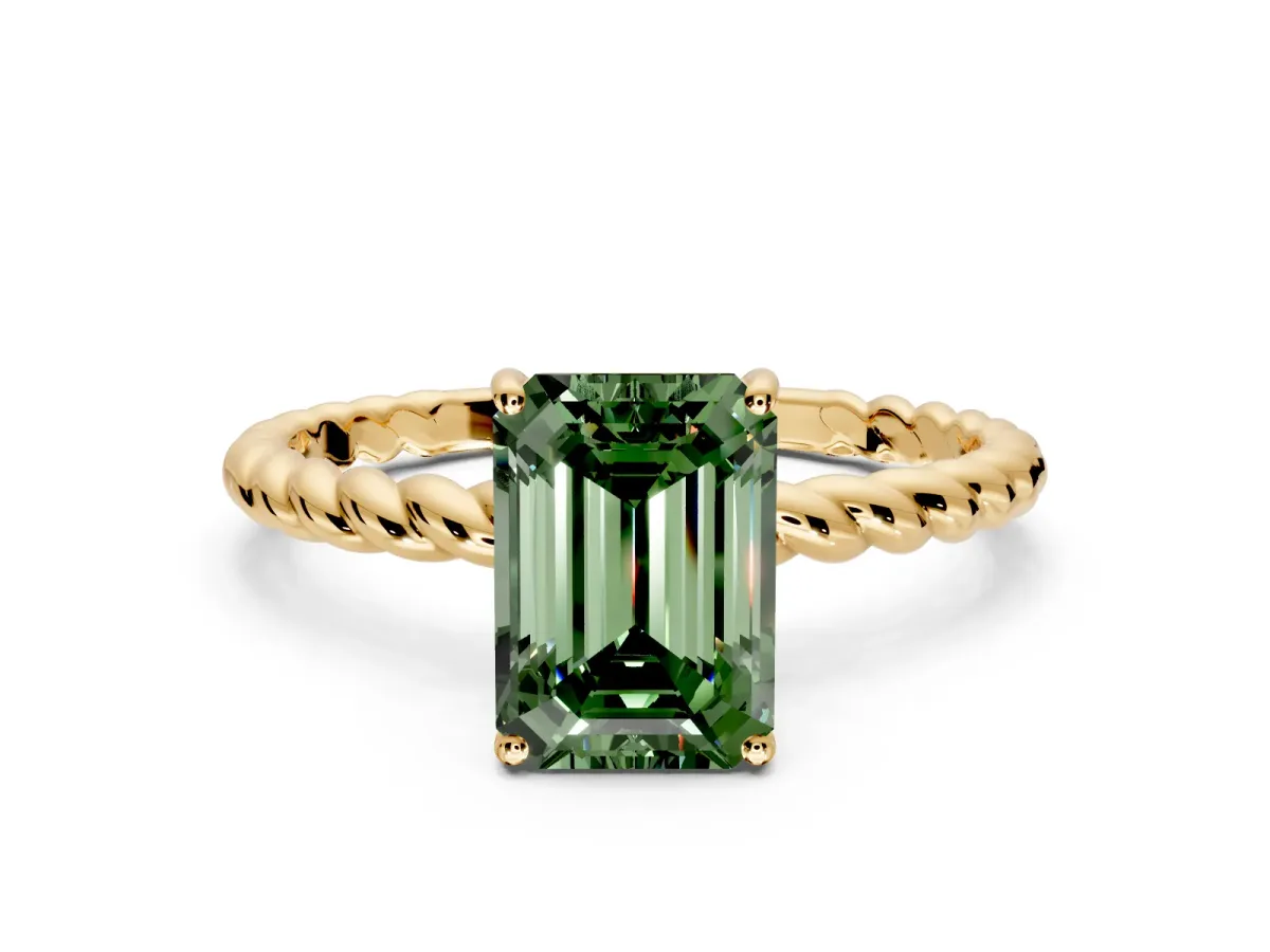 Solitaire Engagement Ring Setting for Fancy Green Emerald Cut Center with Plain Twisted Rope Band and Prong Head in Yellow Gold