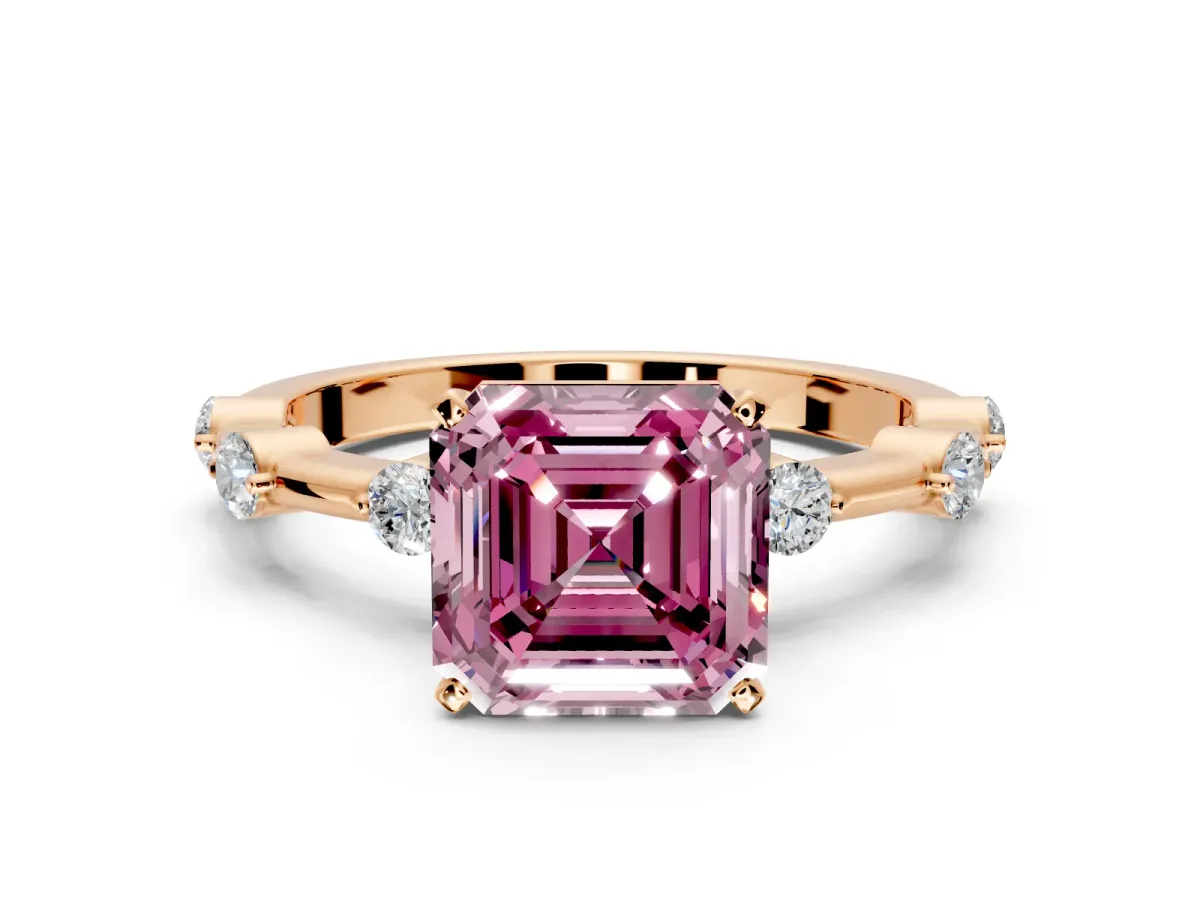 Solitaire Engagement Ring Setting for Fancy Pink Asscher Cut Center with Bezel Station Band and Prong Head in Rose Gold