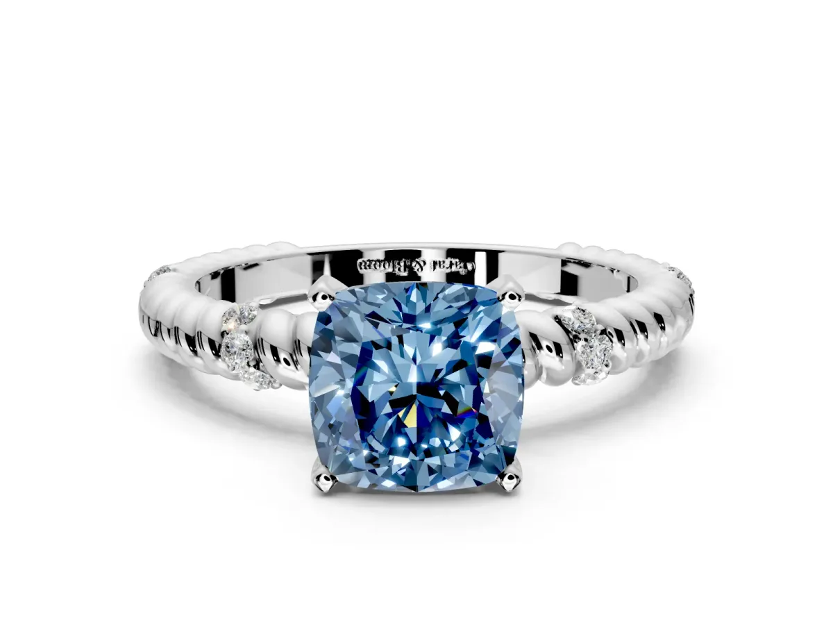Rope Engagement Ring Setting for Fancy Blue Cushion Cut Center with Accent Shoulders and Prong Head in Sterling Silver