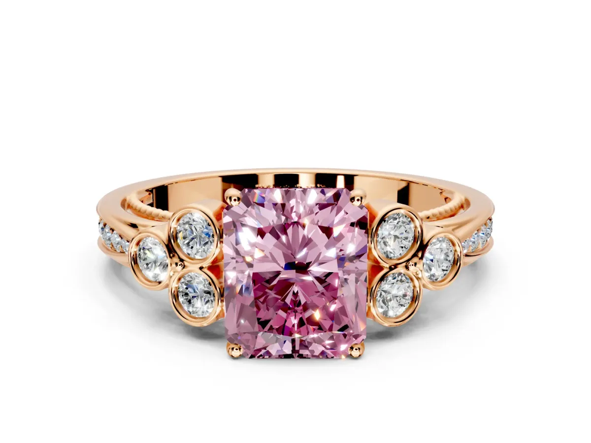 Cluster Engagement Ring Setting for Fancy Pink Radiant Cut Center with Bezel Accent Clusters and Prong Head in Rose Gold