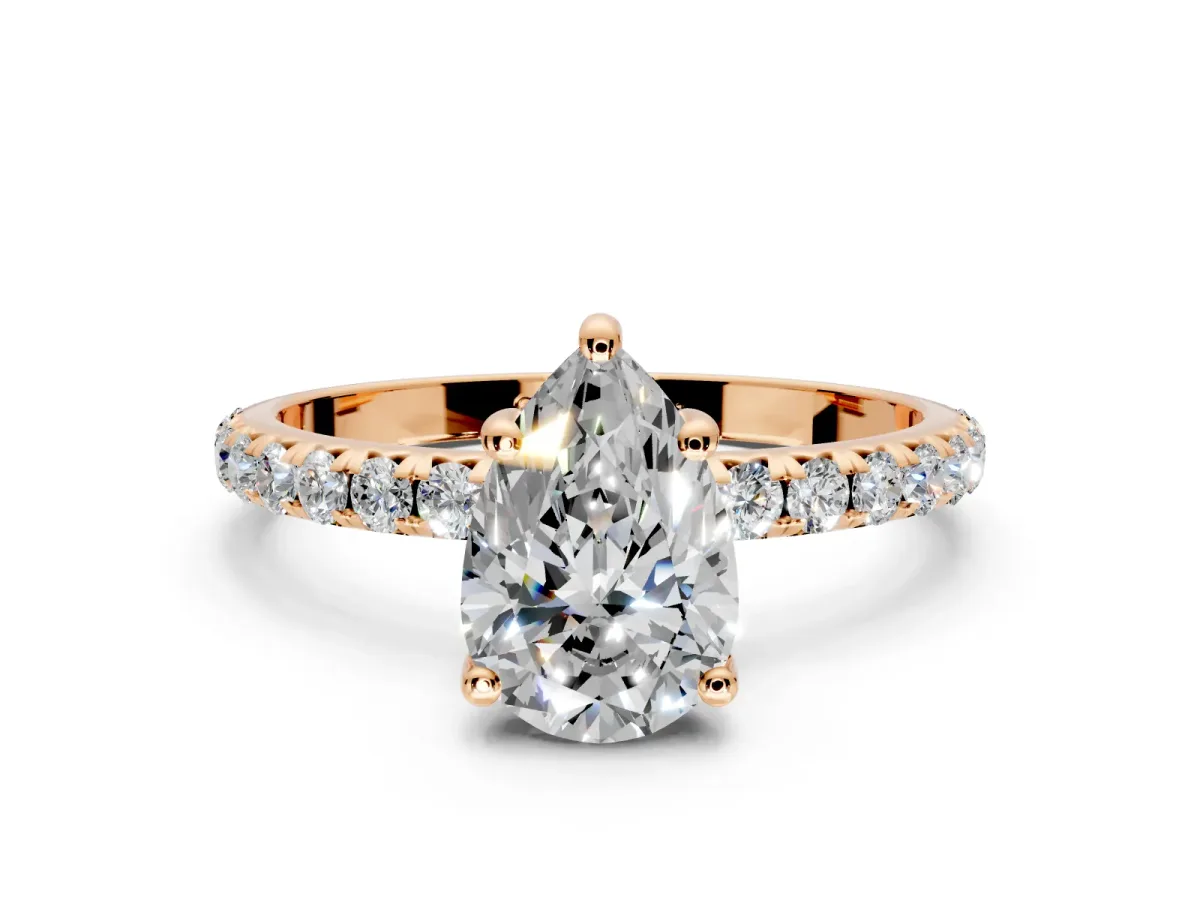 Solitaire Engagement Ring Setting for Pear-Shaped Center with Micro Pave Band and Prong Head in Rose Gold