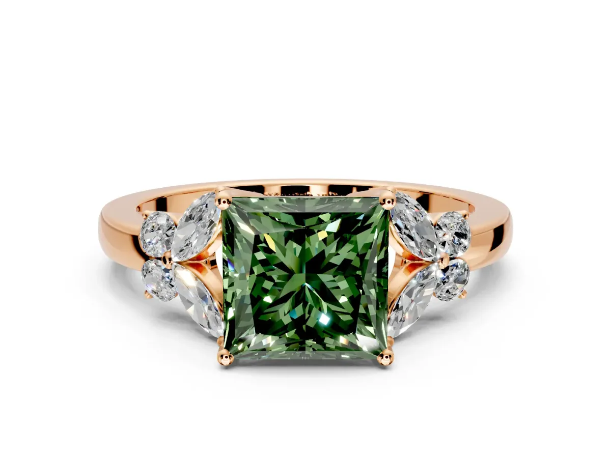 Solitaire Engagement Ring Setting for Fancy Green Princess Cut Center with Marquise Flower Shoulders and Prong Head in Rose Gold