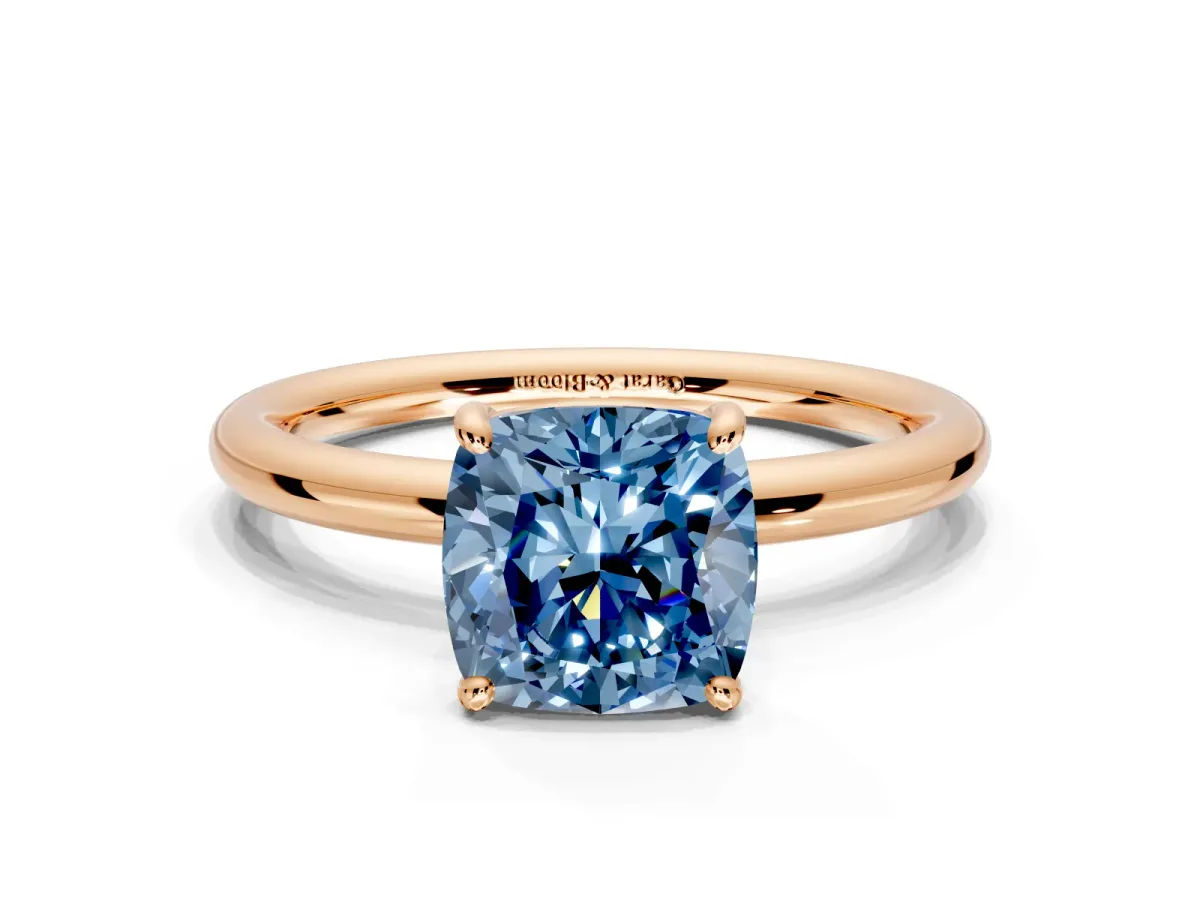 Low-Set Solitaire Engagement Ring Setting for Fancy Blue Cushion Cut Center with Thin Plain Band and Prong Head in Rose Gold