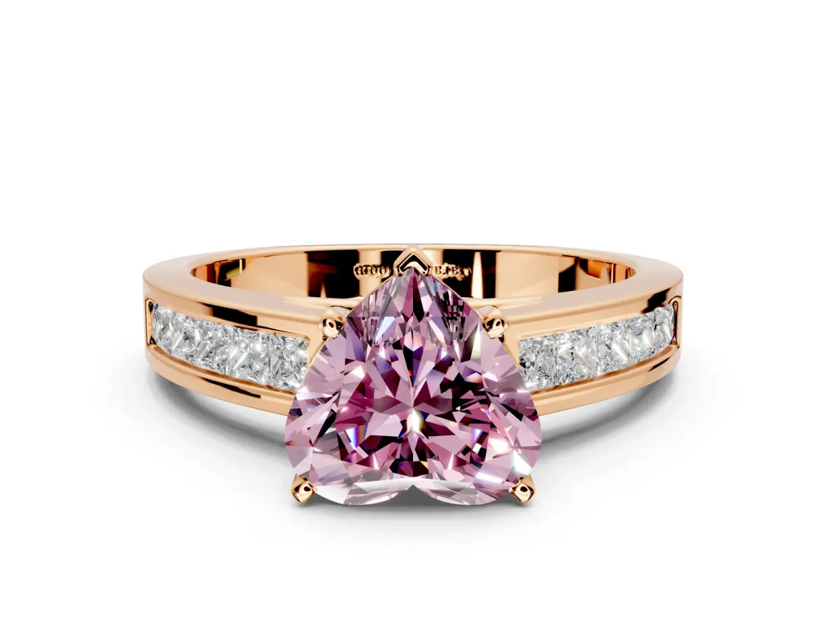 Solitaire Engagement Ring Setting for Fancy Pink Heart-Shaped Center with Princess Cut Channel Band and Prong Head in Rose Gold